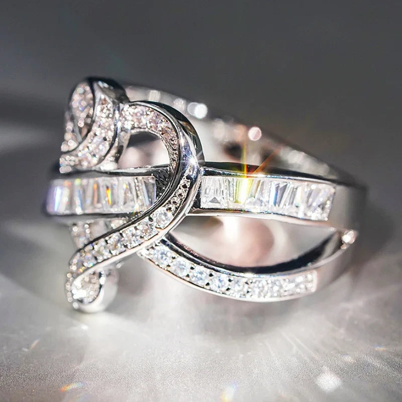 Huitan Heart Cross Ring – Cubic Zirconia Wedding Band Women