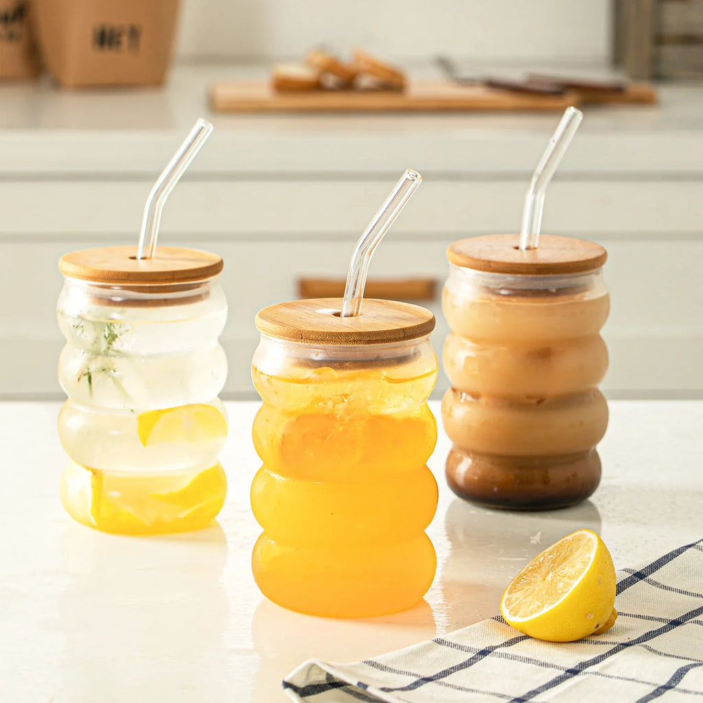 4-Pack Wave Borosilicate Glass Cups with Lid & Straw | KEMORELA