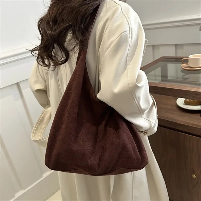 Women's Large Retro Faux Suede Tote Shoulder Bag | Matte Handbag