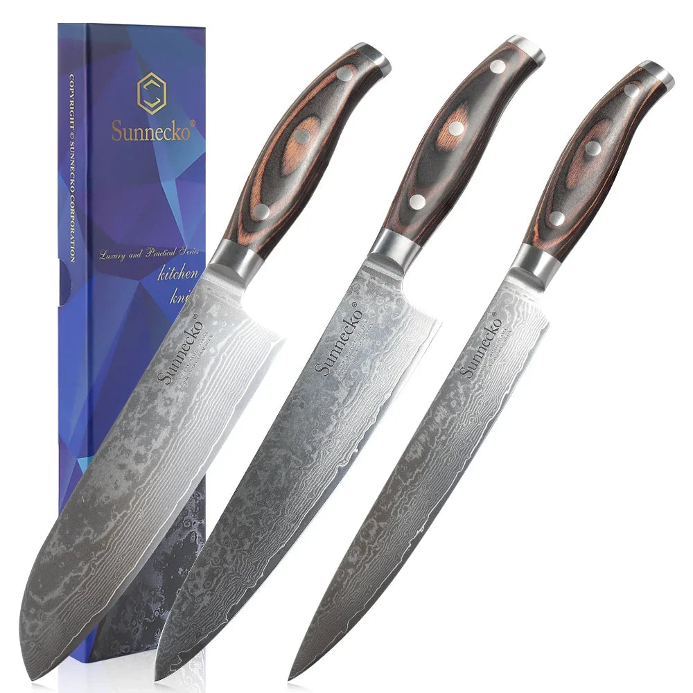 Sunnecko Damascus Steel Chef Knife Set – VG10 Pakkawood 1–3 Pc