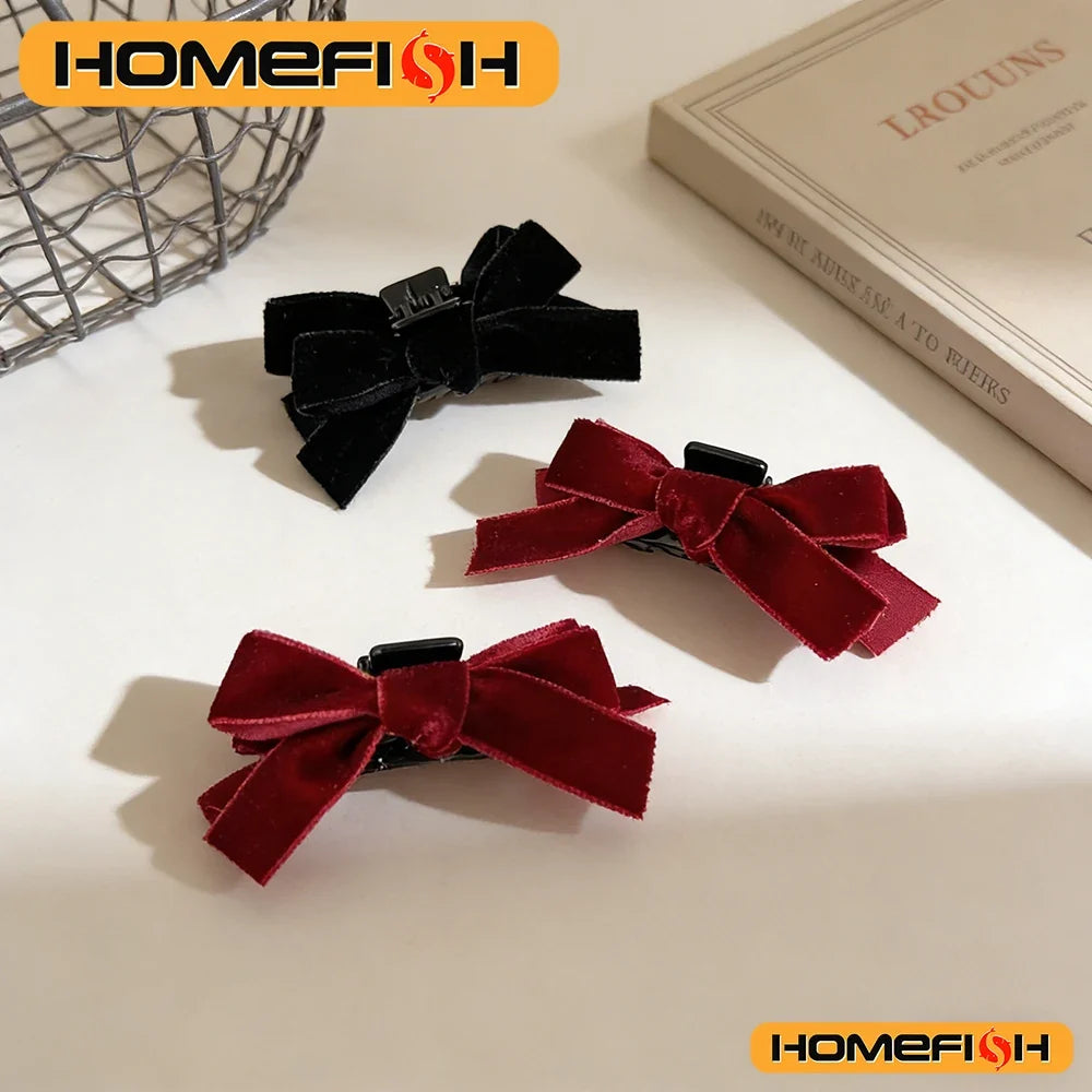 Black Bow Small Grab Clip Women's Autumn Winter Vintage Velvet Bangle