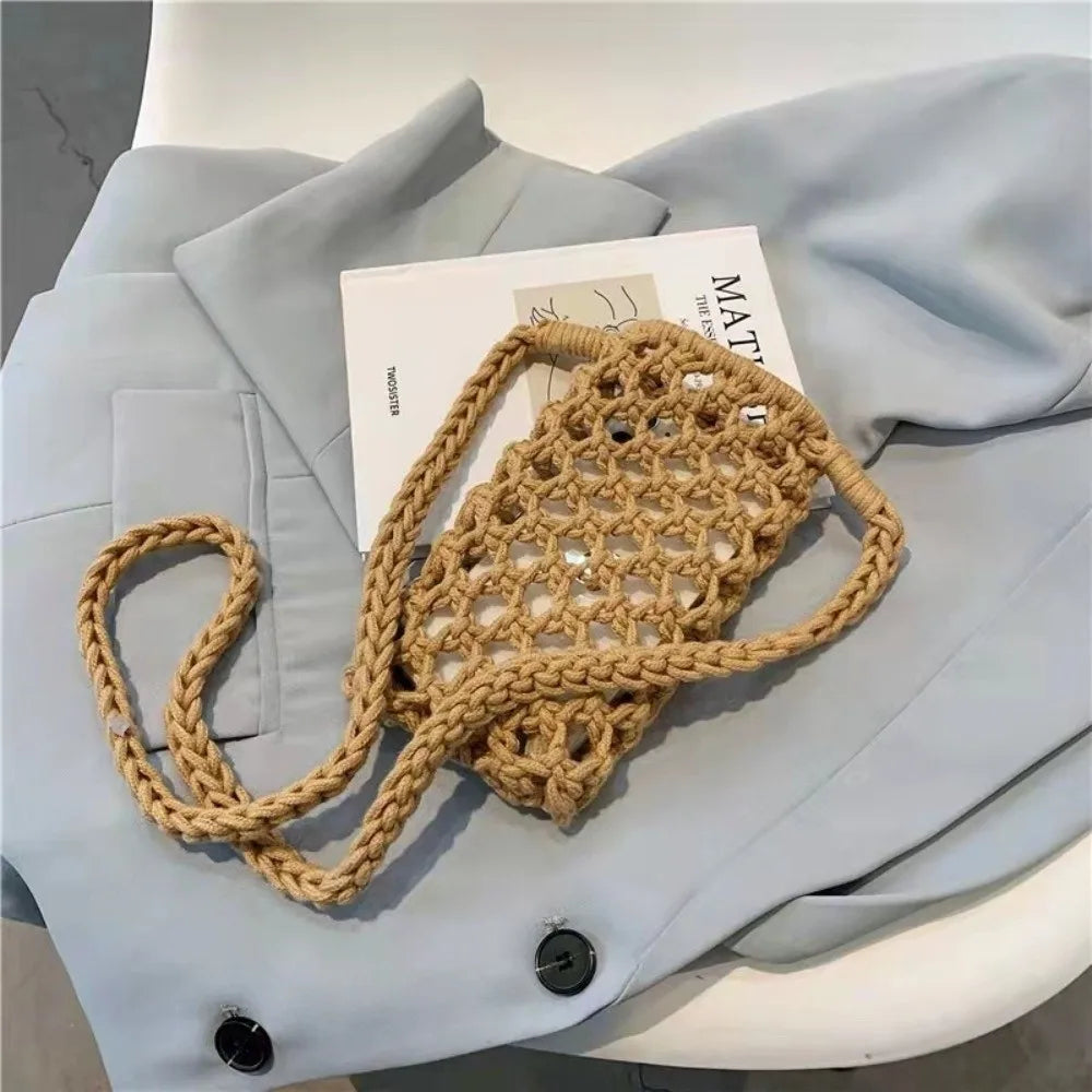Crochet Crossbody Phone Bag – Woven Hollow-Out Mini Purse