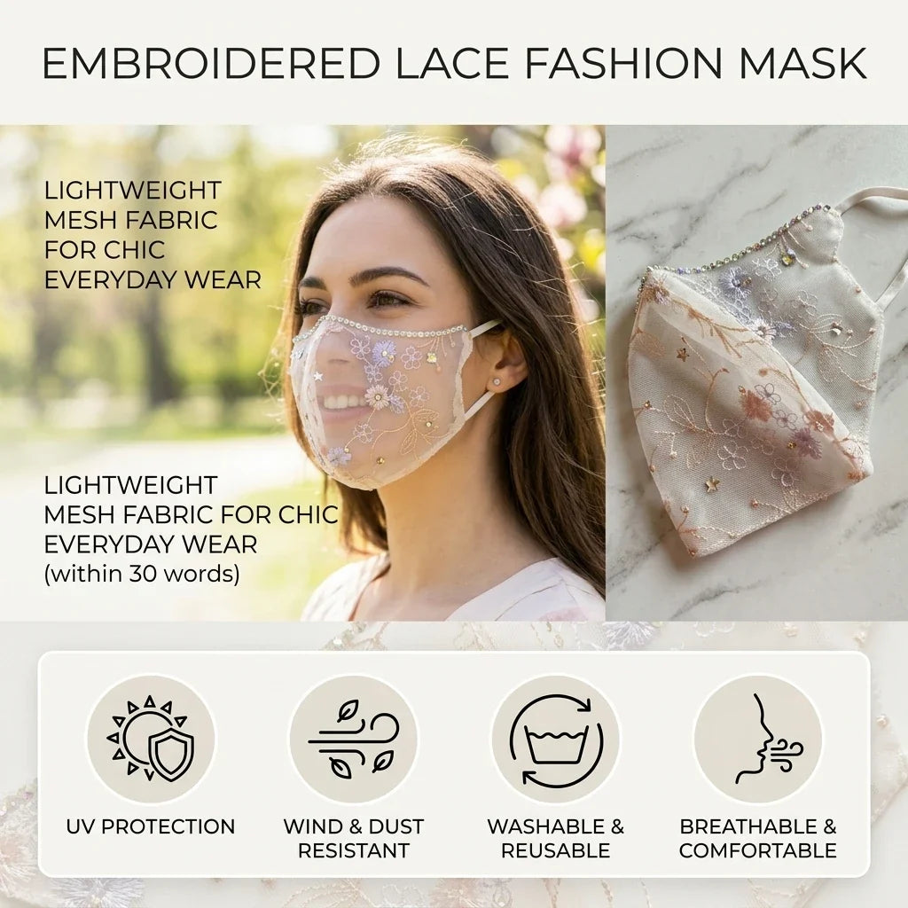 Ethnic Lace Mesh Face Mask – Embroidery Rhinestone UV & Wind Cover