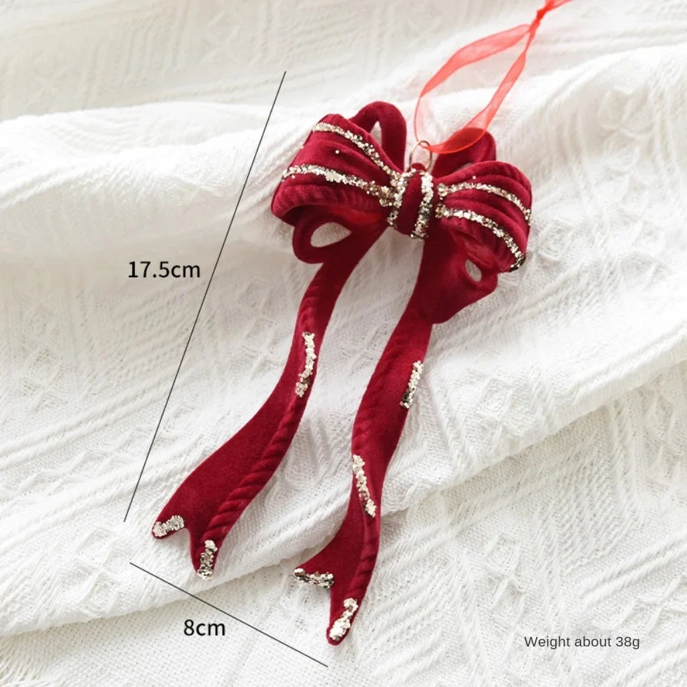 Velvet Bowknot Christmas Tree Pendant | Wine Red Bow Ornament