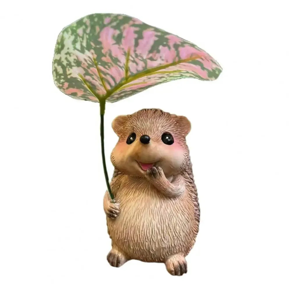 Leaf Umbrella Hedgehog Figurine | Resin Garden Statue Decor