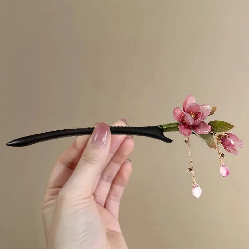 Chinese Floral Hair Stick – Pink Flower Tassel Hanfu Hairpin