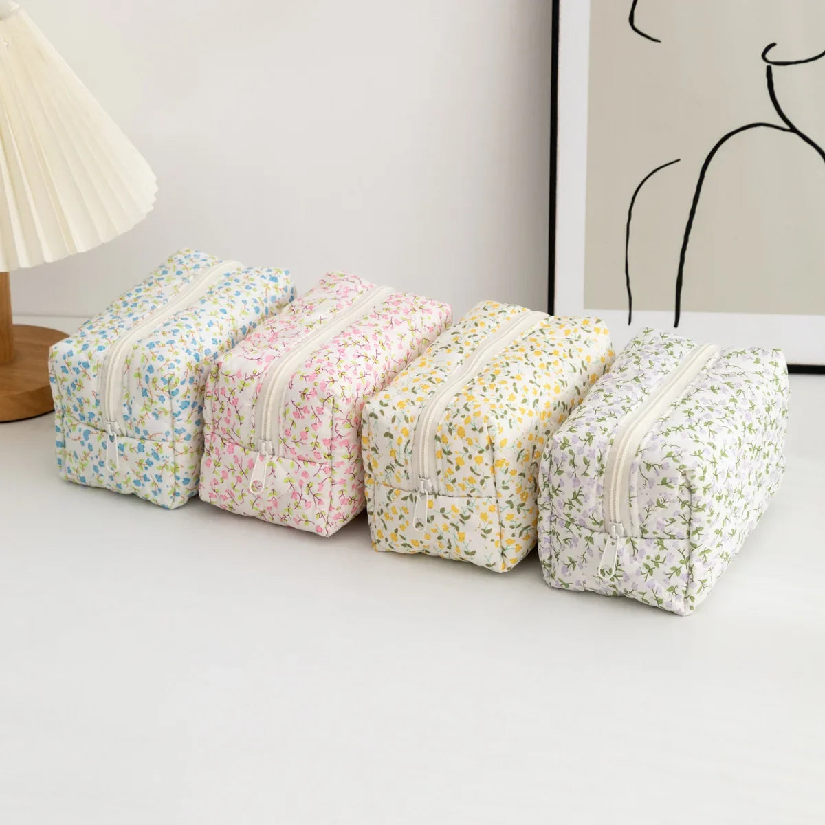 Floral Puffy Quilted Large Makeup Bag Travel Cosmetic Pouch Flower