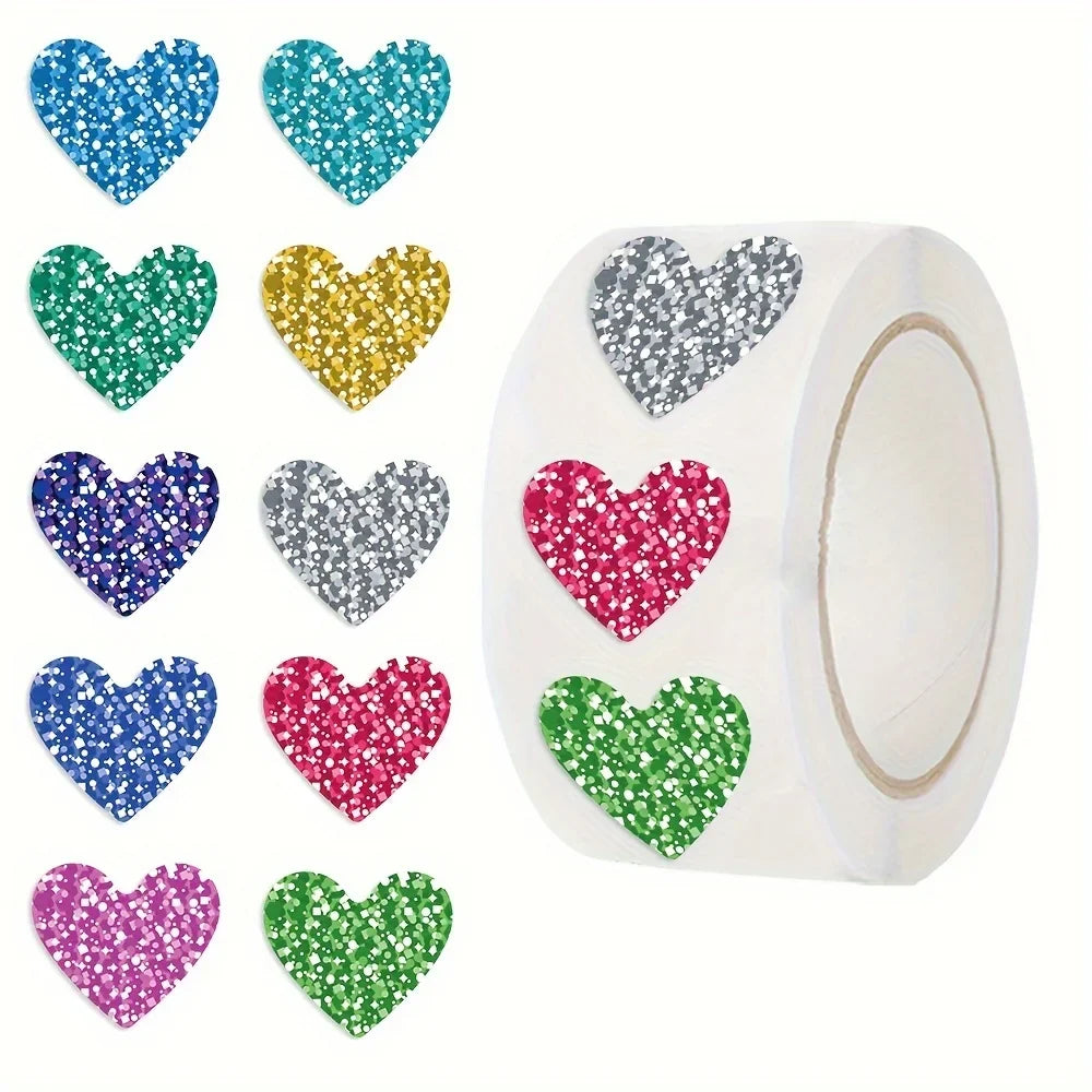 Glitter Heart Stickers Roll – 500 Sparkly Self-Adhesive Hearts