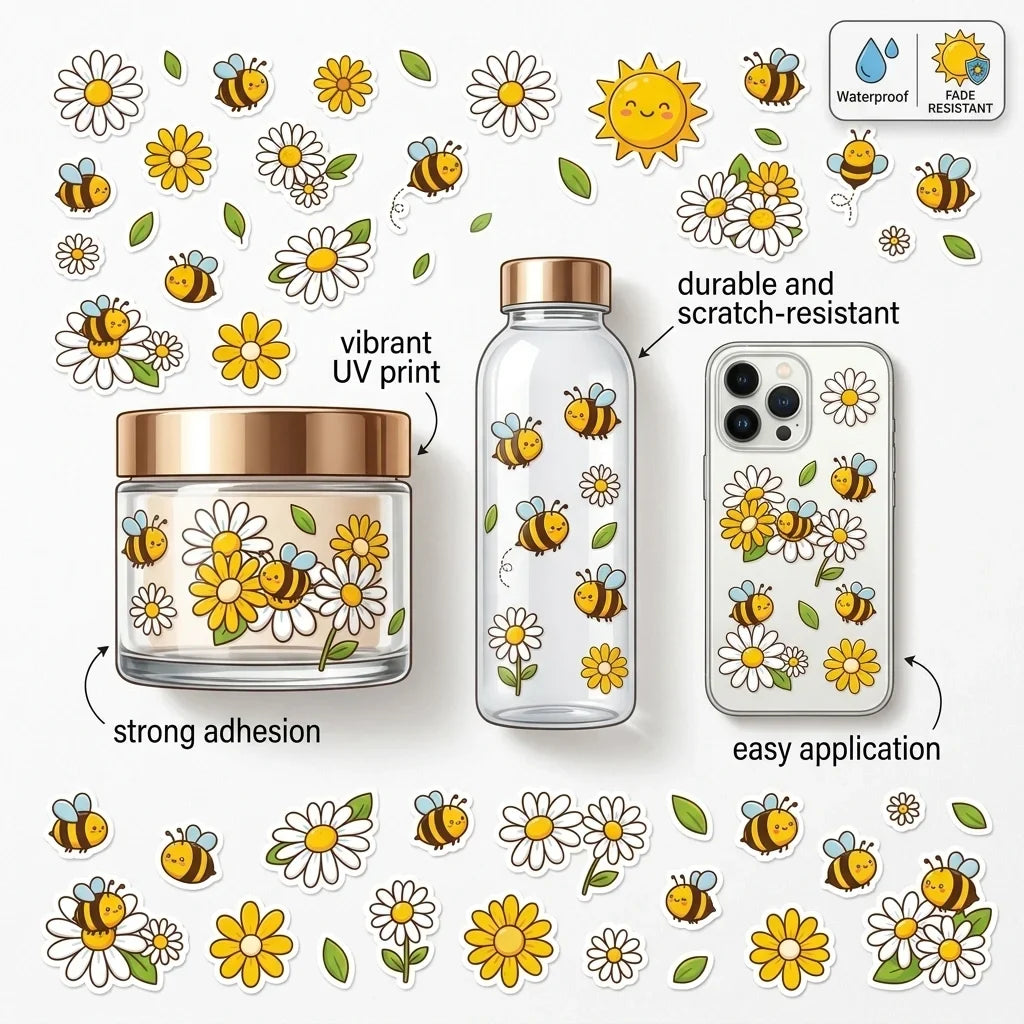 Bee & Daisy UV DTF Waterproof Stickers – DIY Decals for Cups