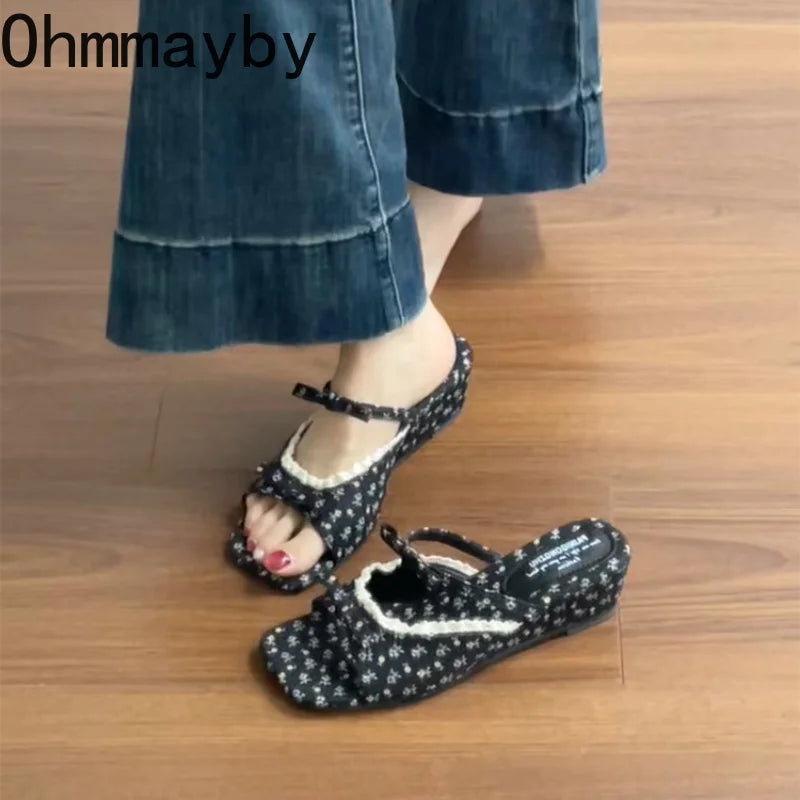 Women's Floral Wedge Slippers – Open Toe Slip-On Summer Slides