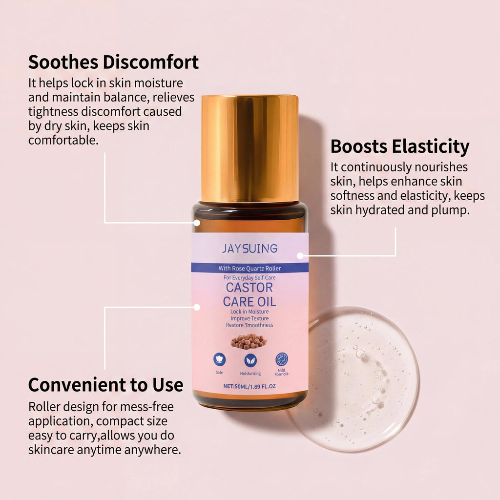 Organic Castor Oil + Rose Quartz Roller – Skin & Hair Care