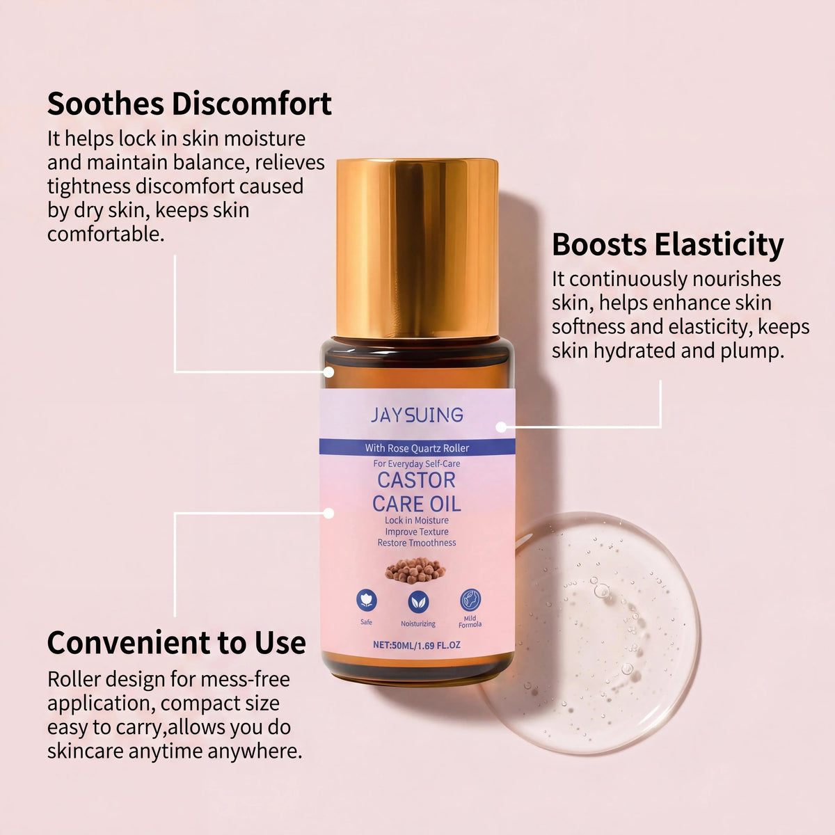 Organic Castor Oil + Rose Quartz Roller – Skin & Hair Care