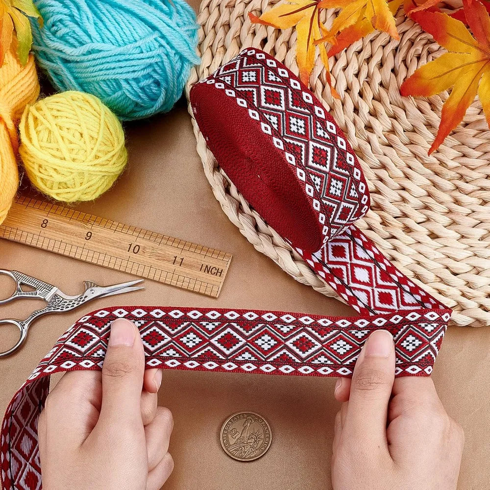 Ethnic Jacquard Ribbon Dark Red Floral 1-1/4" Wide – 10 Yards