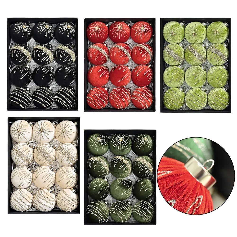 12-Piece Flocked Velvet Christmas Ball Ornaments | 8cm Set