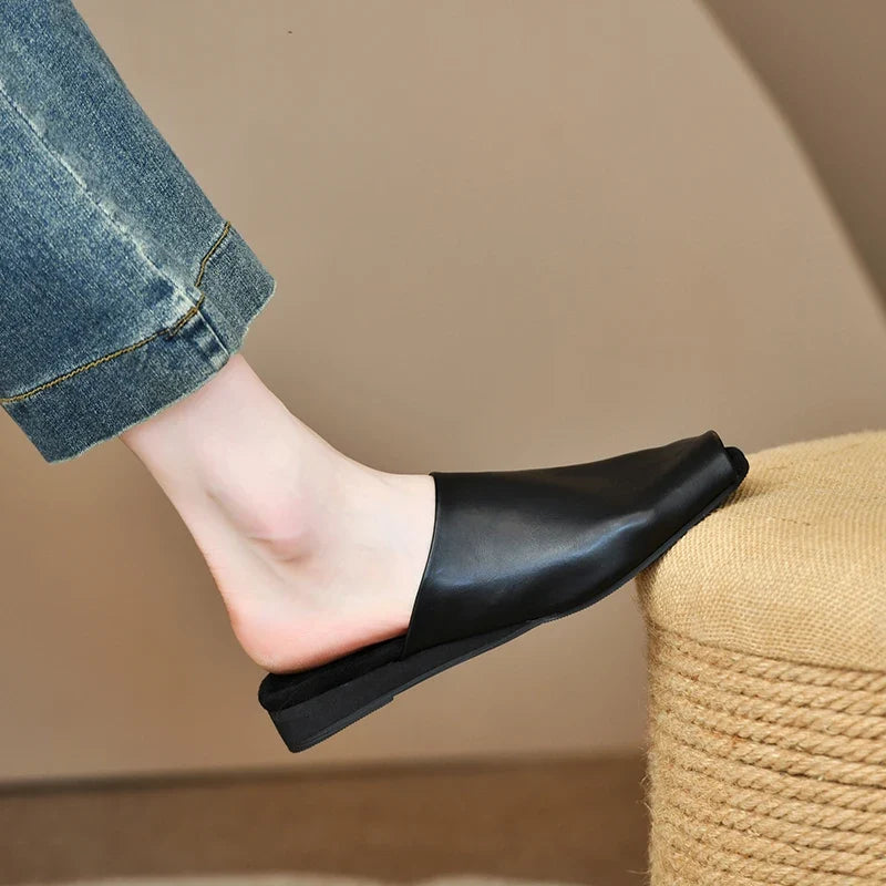 Women's Peep Toe Mule Slides – Faux Leather Low Heel Sandals