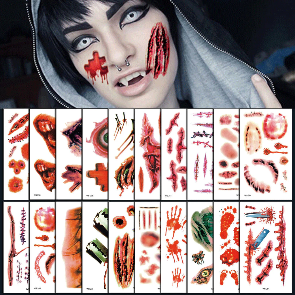 Halloween Wound Scar Tattoo Stickers – 10 Sheets, 120+ Designs