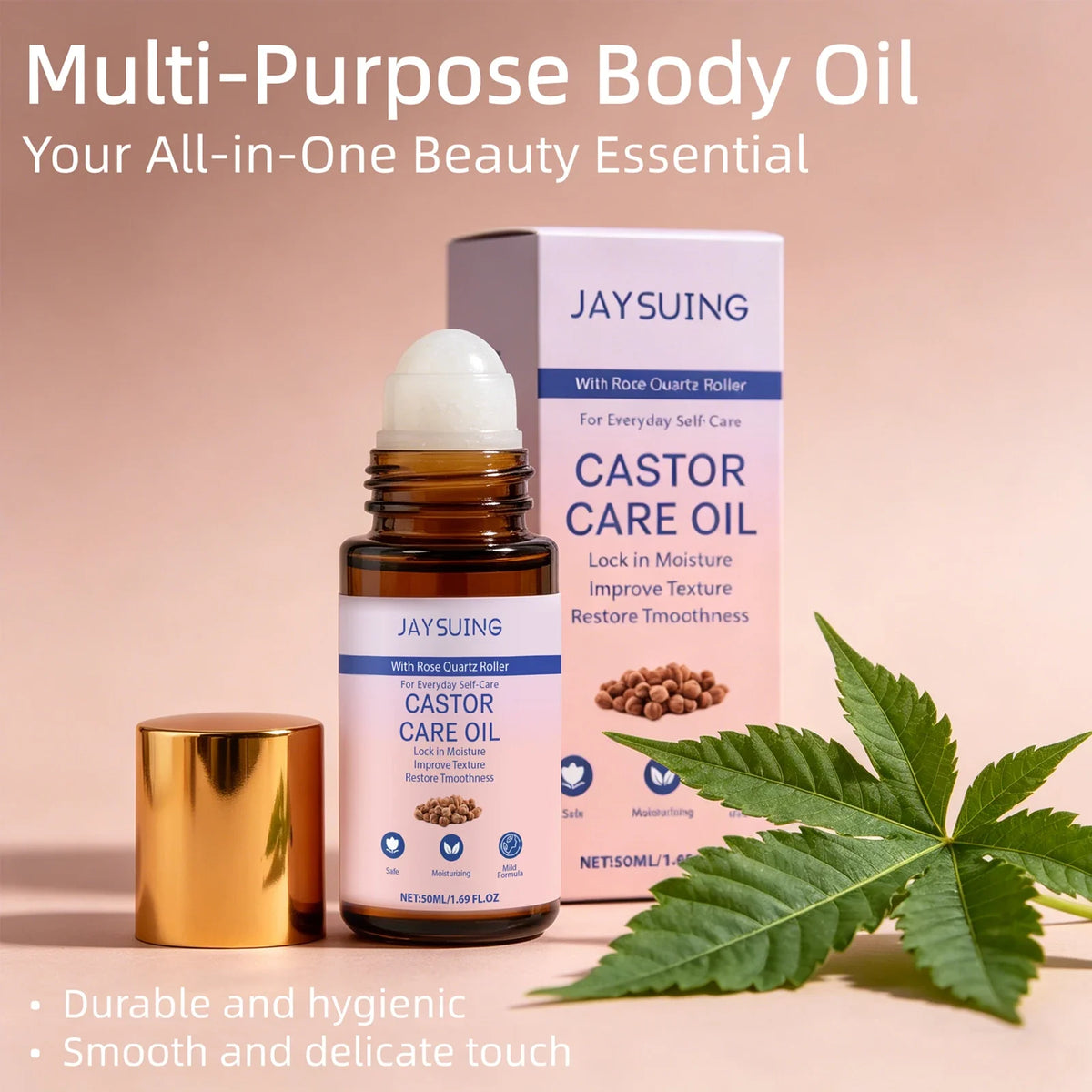 Organic Castor Oil with Rose Quartz Roller – Skin & Hair 50ml