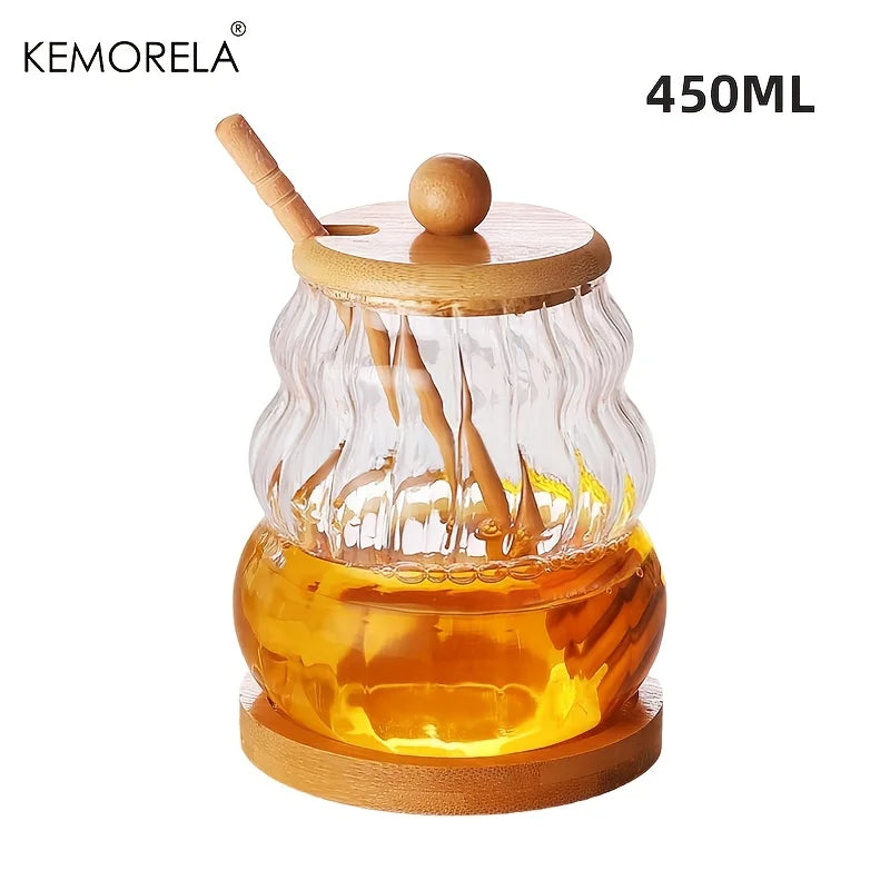 KEMORELA Glass Honey Jar with Wooden Spoon & Lid – 330/450ML