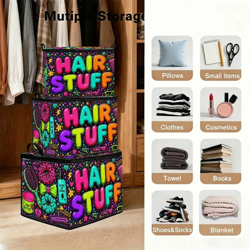 Large Foldable Zippered Storage Box – Hair Doodle Pattern
