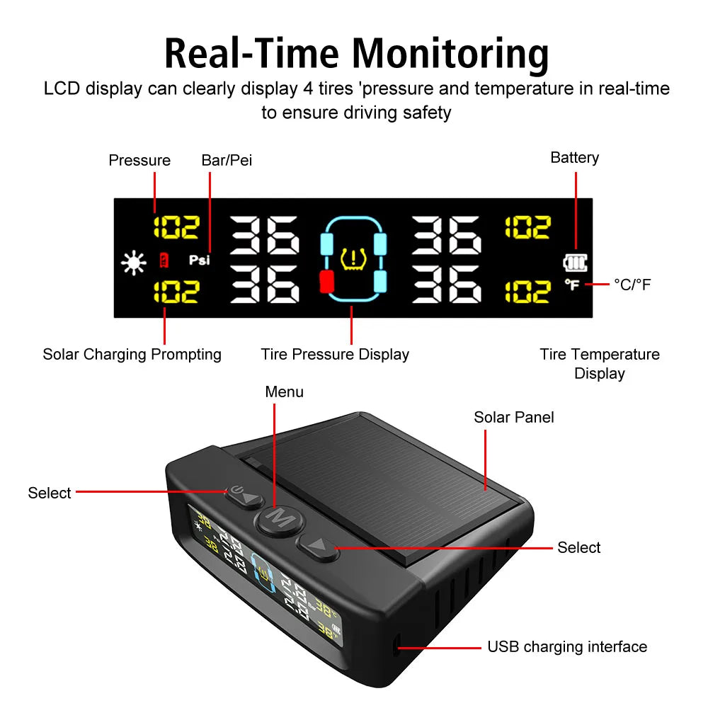 Solar TPMS Car Tire Pressure Monitor – 4 External Sensors
