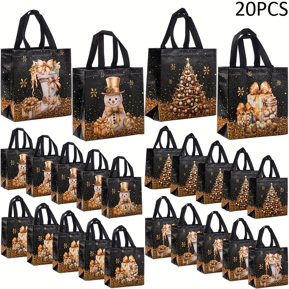 20-Pack Christmas Gift Bags – Snowman, Tree & Stocking Non-Woven