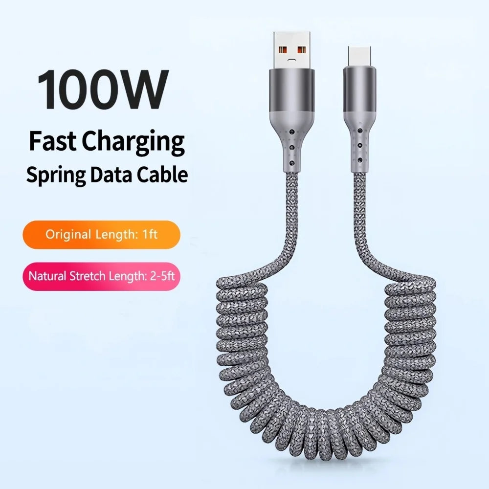 100W USB-C Retractable Spring Car Charger Cable | Fast Charge