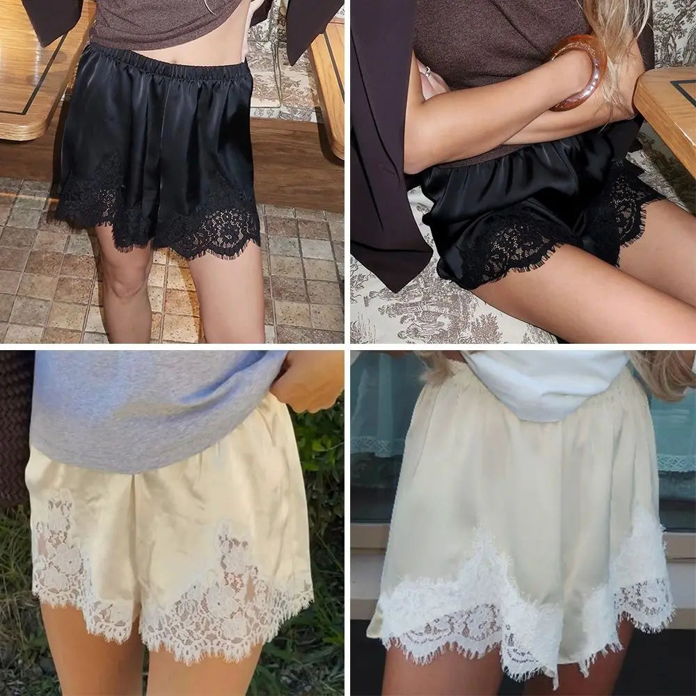 Women's Satin Lace Sleep Shorts – Elastic Waist Pajama Bottoms