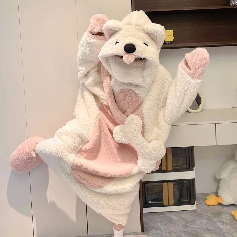 Cute Dog Cartoon Women's Fleece Hooded Pajama Set | Warm & Cozy