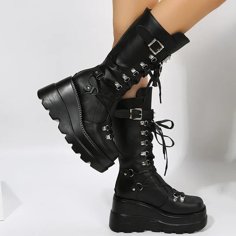 Women's Goth Platform Boots – Punk Rivet Wedge Mid-Calf Combat