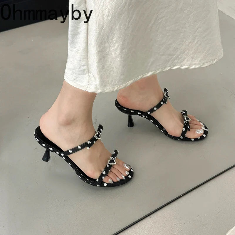 Rhinestone Kitten Heel Slippers – Polka Dot Women's Slides