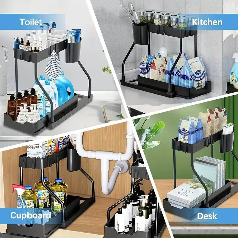 Space-saving Organizer Shelf 2-Tier Pull-out Storage Durable Large