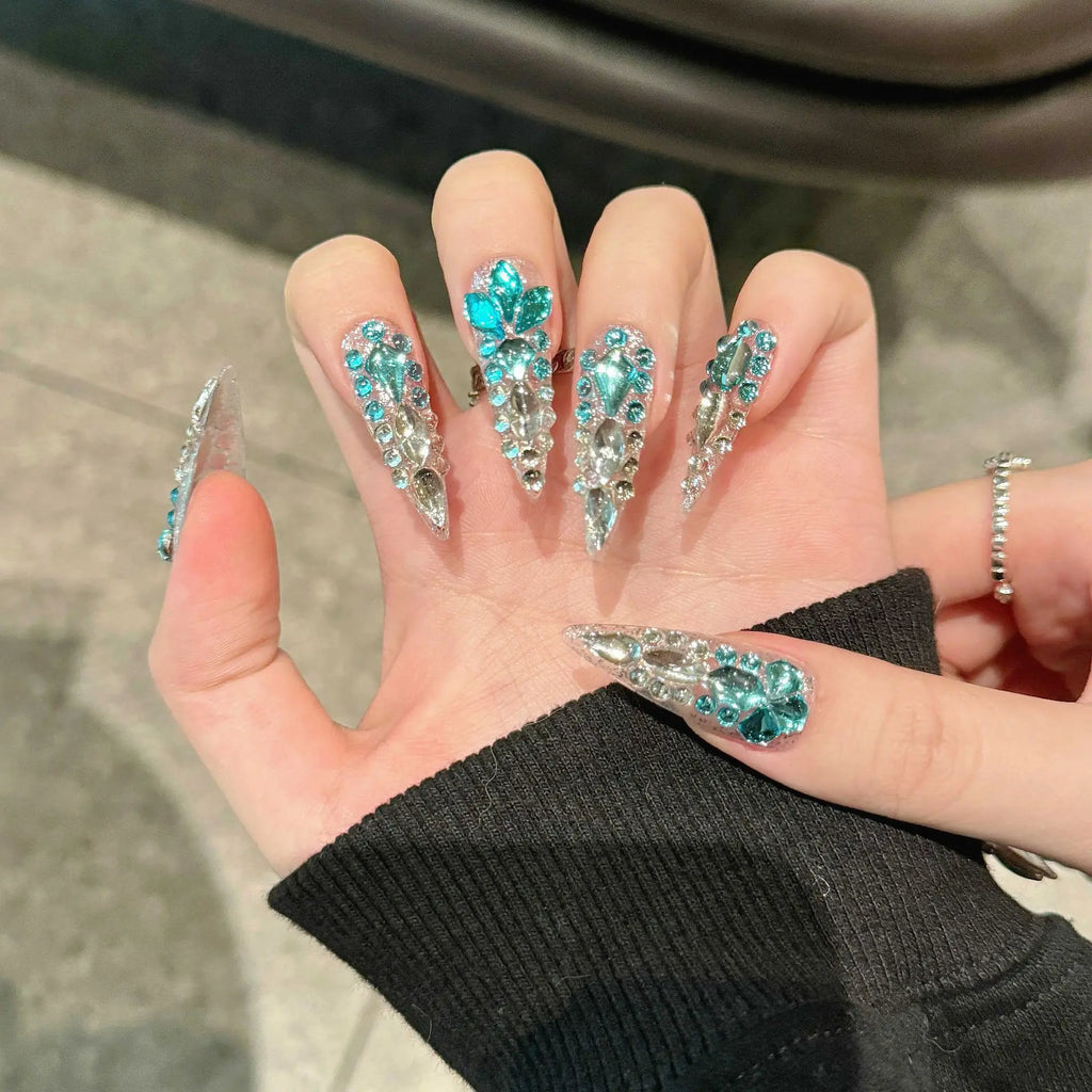 10pcs Rhinestone Press On Nails – Long Stiletto French False Nails