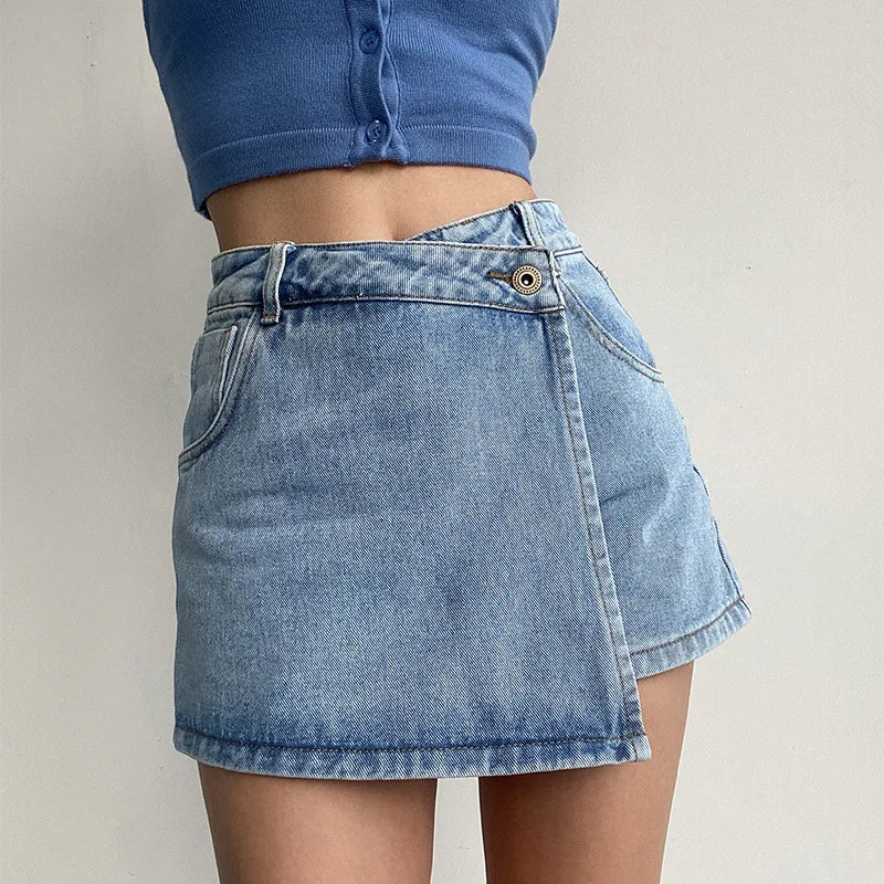 Women's High-Waist Denim Skort – Fake Two-Piece Jean Skirt