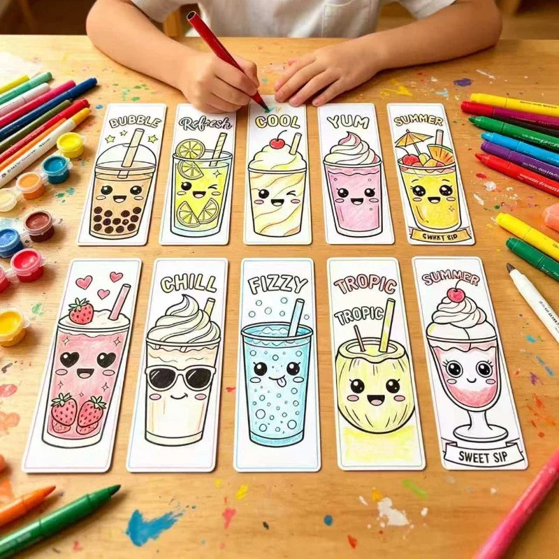 30-Pc Kawaii Summer Beverage DIY Coloring Bookmarks Set