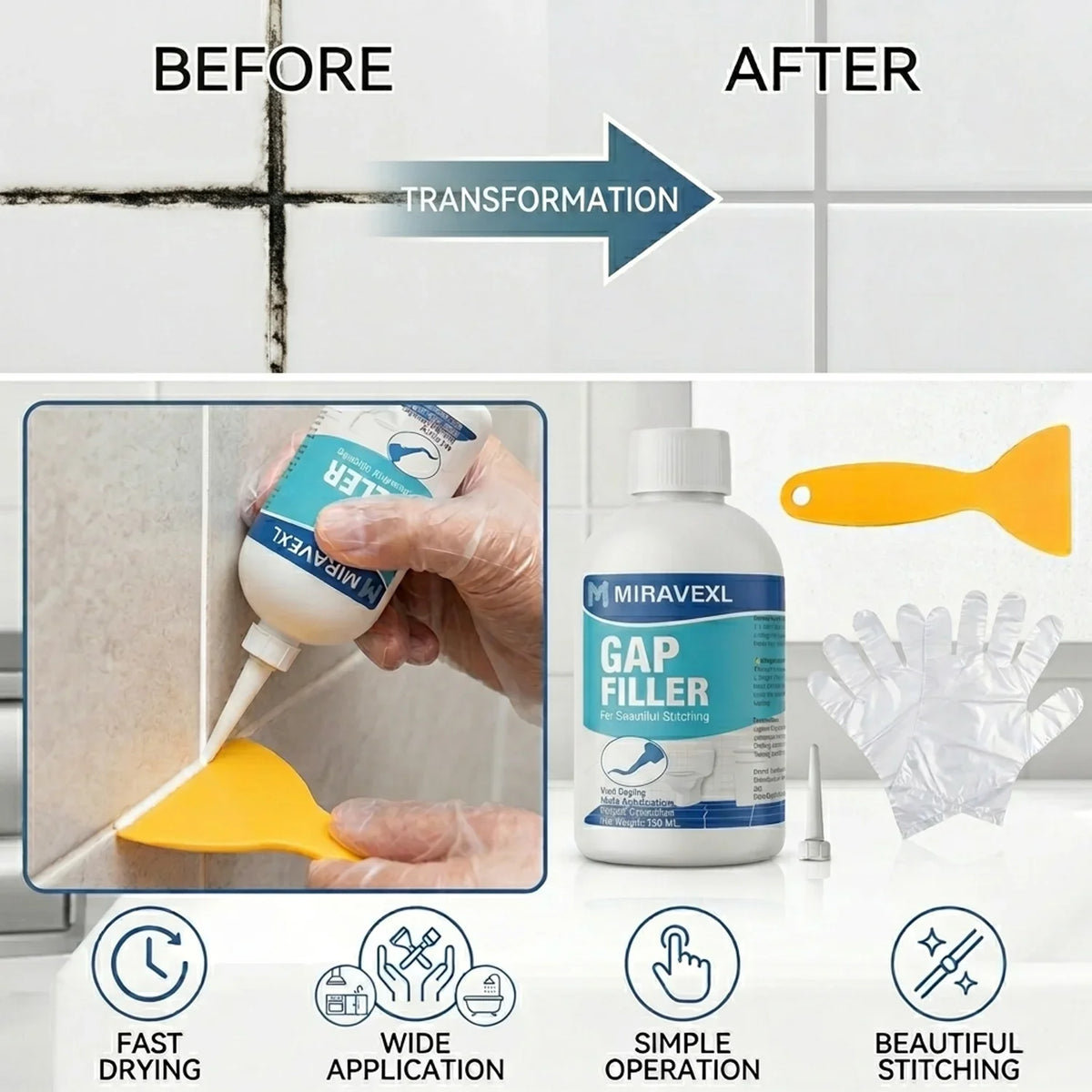 MIRAVEXL Tile Grout Repair Kit – Waterproof Fast Drying Sealer