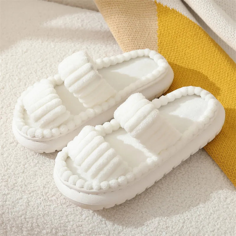 Women's Corduroy Plush Platform Slippers | Warm Furry Indoor Slides