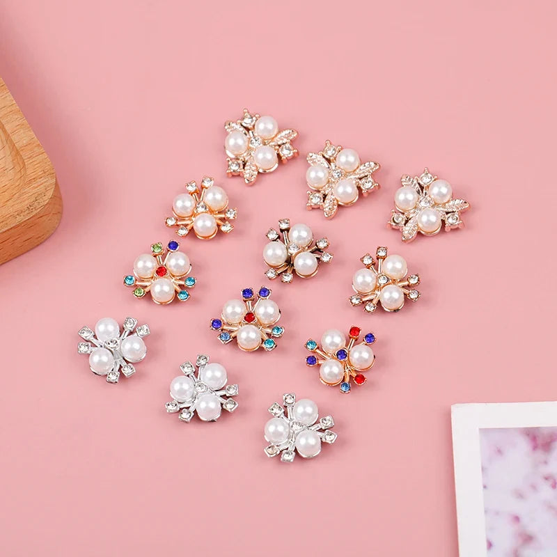 10PCS Pearl Flower Rhinestone Buttons | Crystal DIY Craft Embellishments