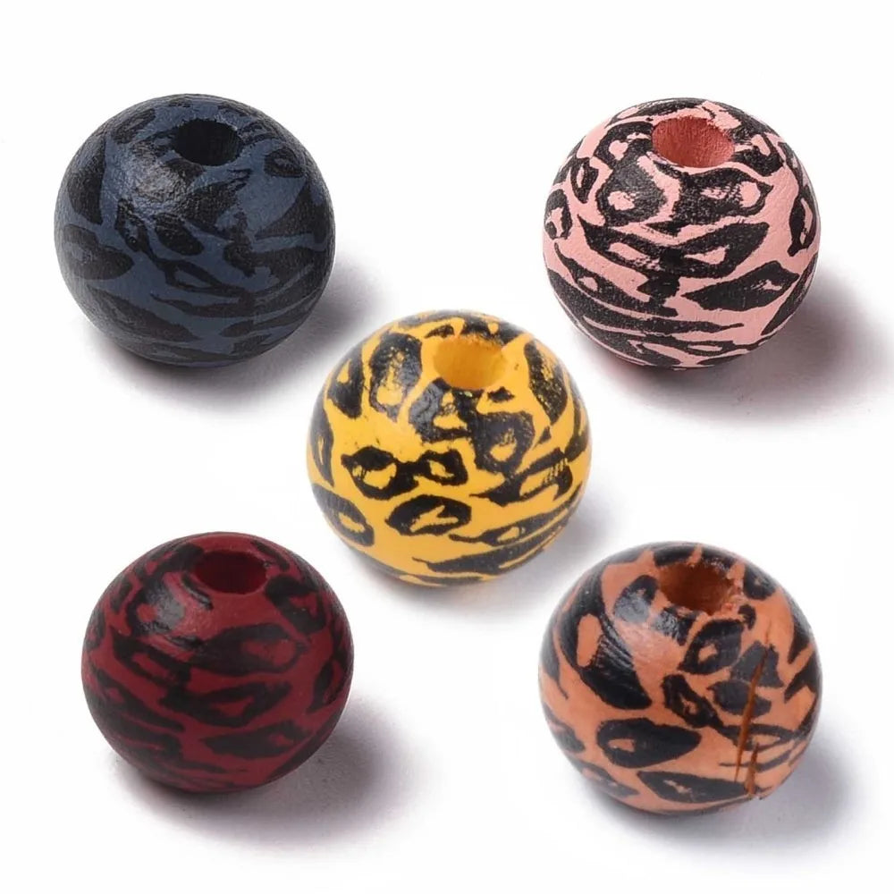 Leopard Print Round Wood Beads 10mm Mixed Color – 10 Pc