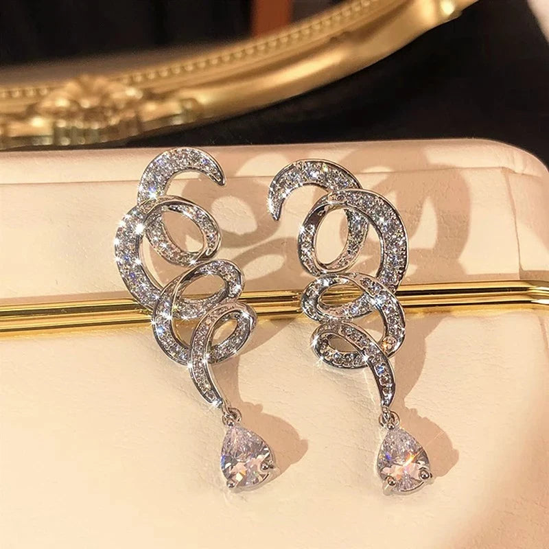 Huitan Ribbon Drop Earrings – Cubic Zirconia Pendant Jewelry