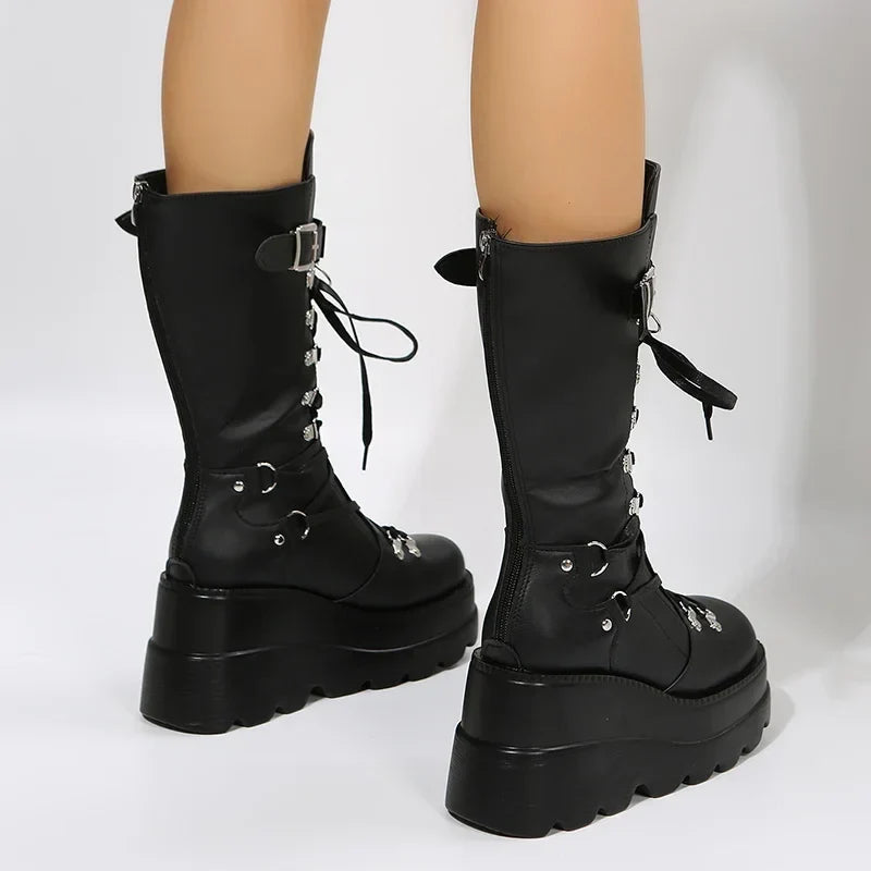 Women's Goth Platform Boots – Punk Rivet Wedge Mid-Calf Combat