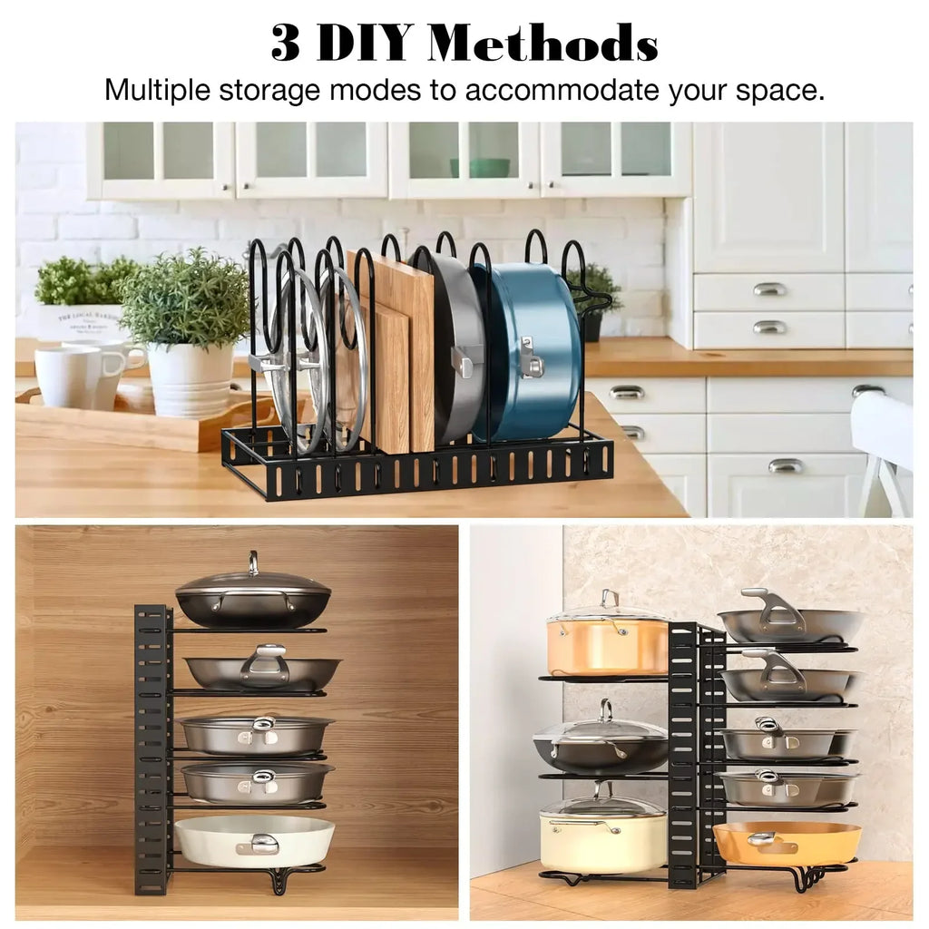 8-Tier Adjustable Pot & Pan Cabinet Rack Organizer | Cast Iron