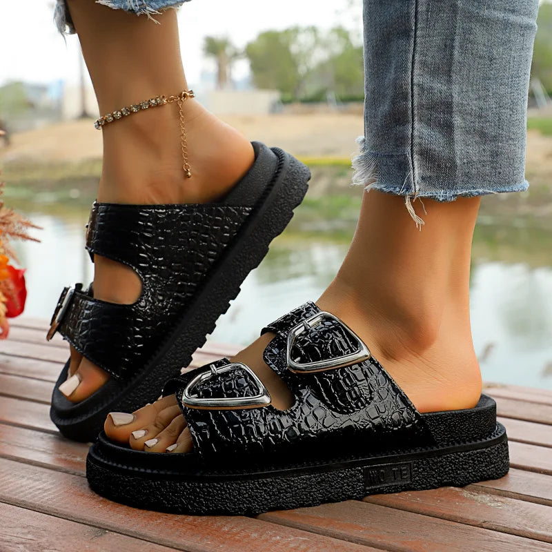 UXST Women's Metal Buckle Flat Sandal Slippers | Anti-Slip
