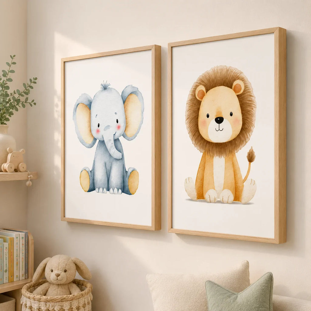 Nursery Animal Canvas Wall Art | Tiger Hippo Lion Kids Poster