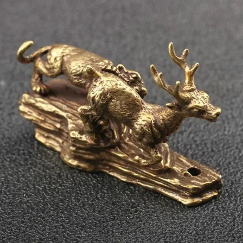 Pure Copper Tiger King Catching Deer Statue Small Ornament Antique
