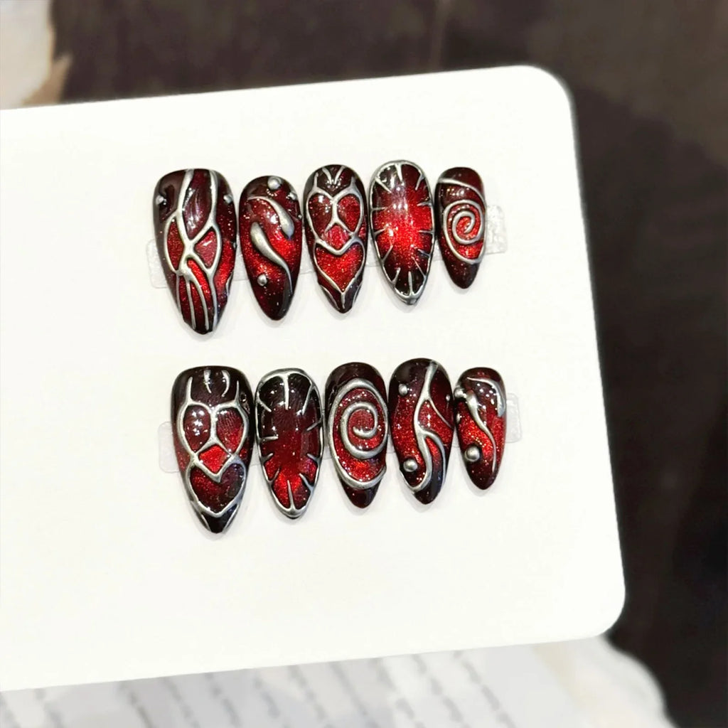 Y2K Cat's Eye Press-On Nails – Retro Red Brown Almond 10pcs