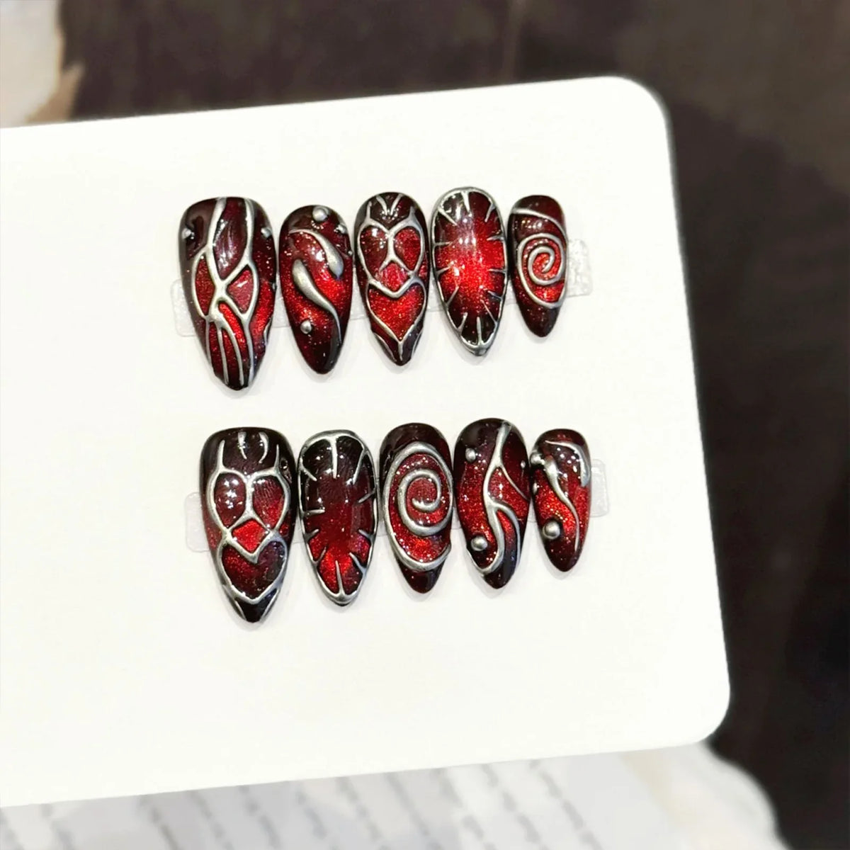 Y2K Cat's Eye Press-On Nails – Retro Red Brown Almond 10pcs