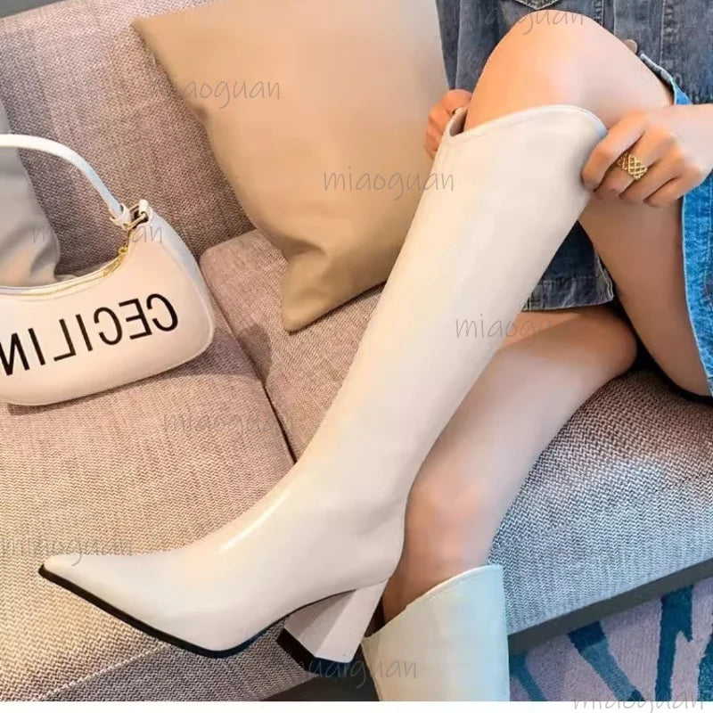 Women's Pointed Toe Knee-High Boots – Chunky Heel & Zip