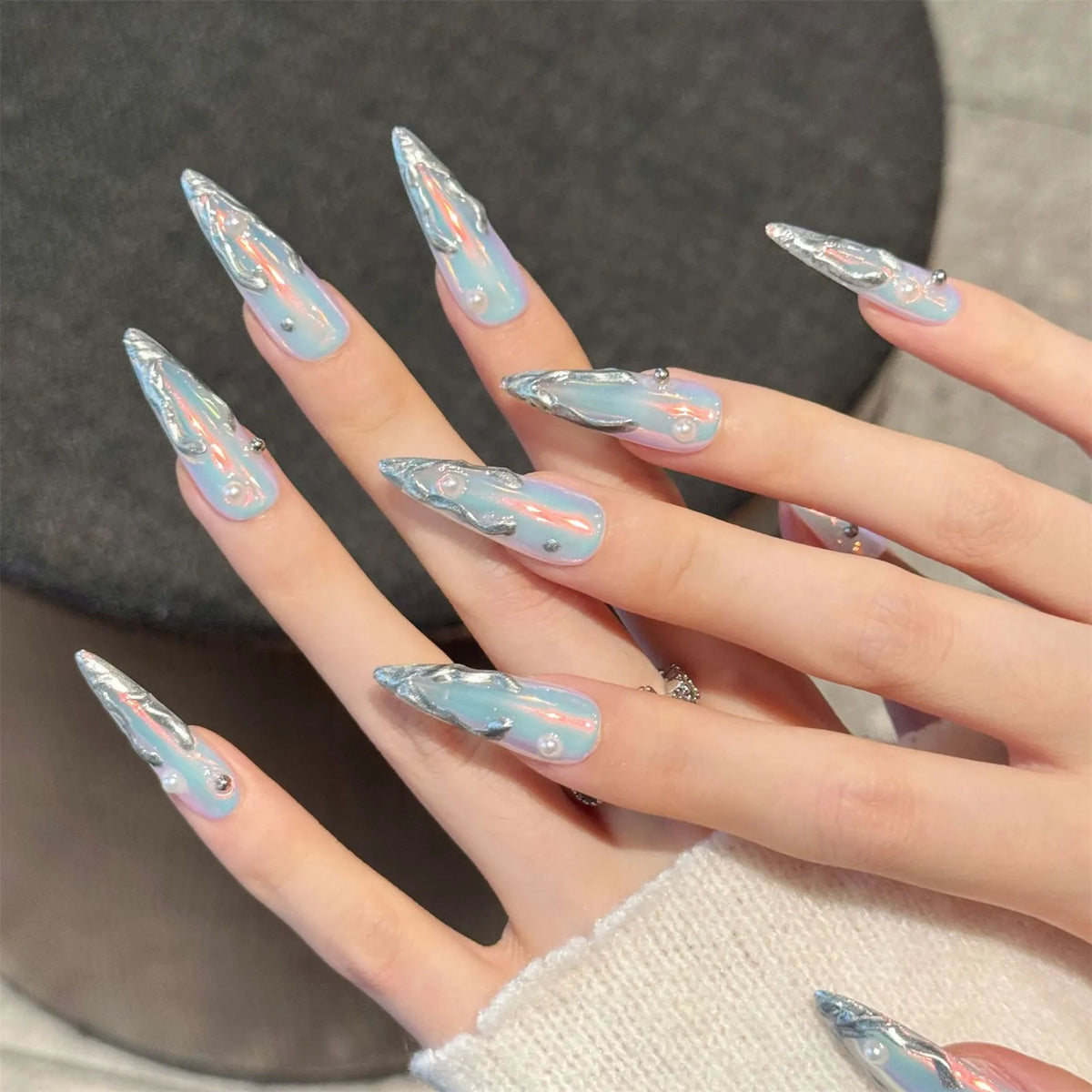 10pcs Cat's Eye Y2K Press On Nails – Almond Blush French Tips
