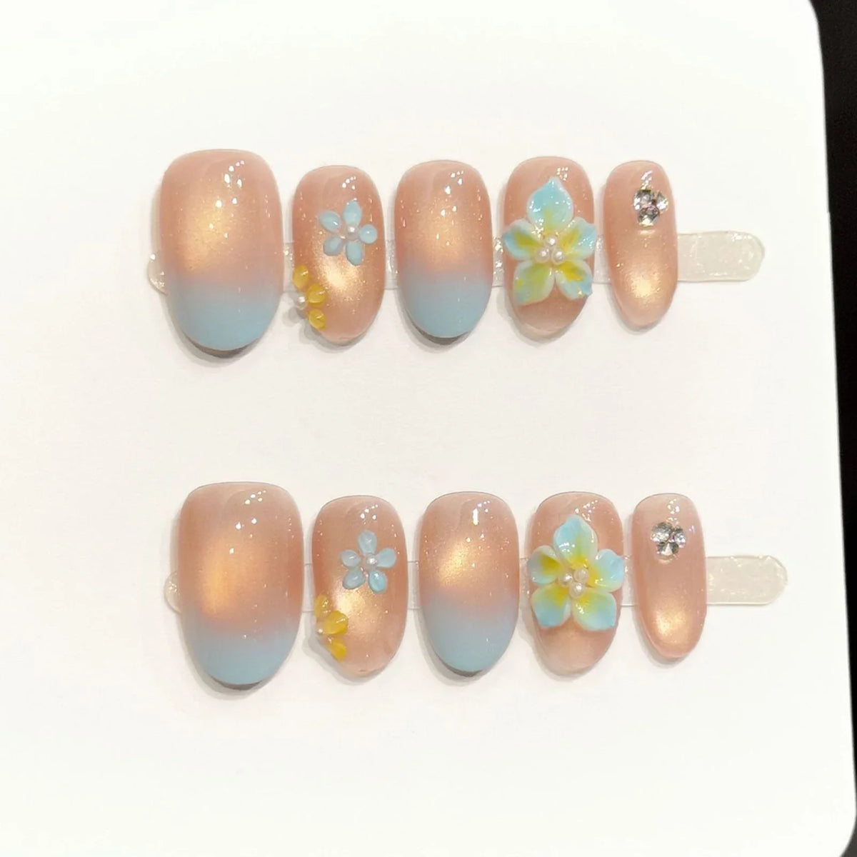 Handmade Press On Nails | 3D Blue Flower Short Oval False Nails