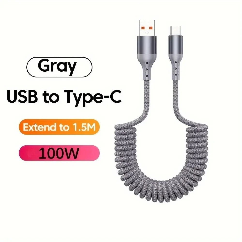 100W USB-C Retractable Spring Car Charger Cable | Fast Charge